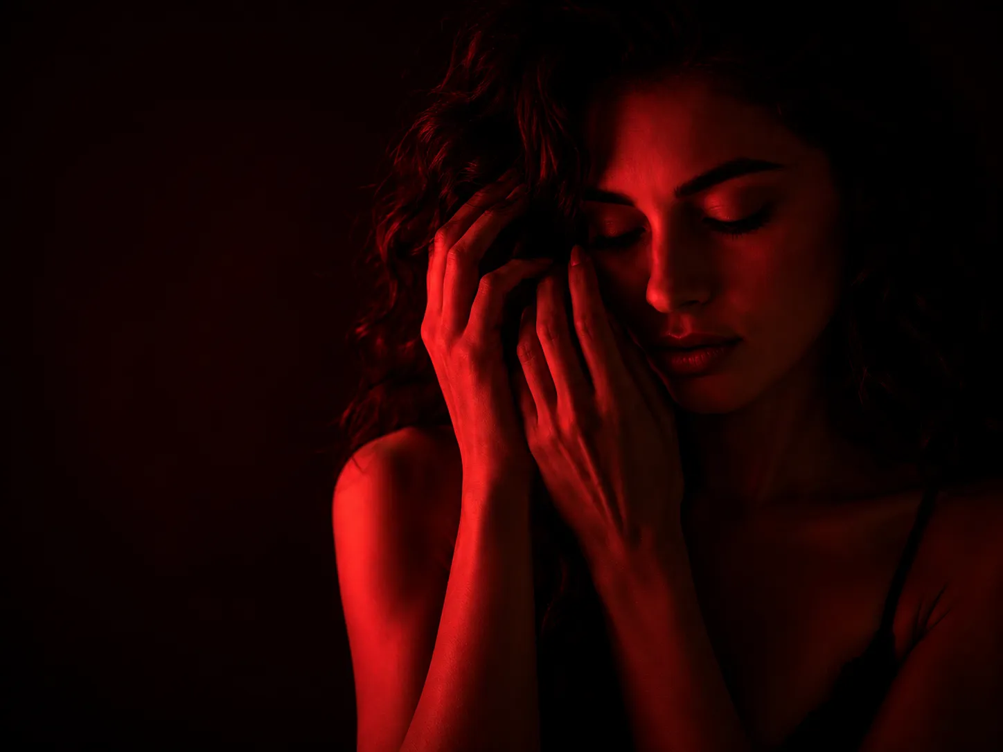 Femme en lumière rouge tamisée – Ambiance intime et discrète de la love room FireSens en Haute-Saône